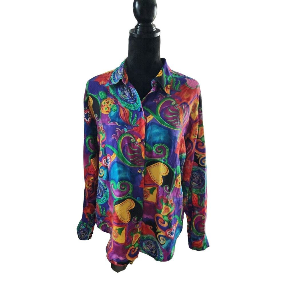 Vintage Christie & Jill 100% Silk Collared Womens Button Down Blouse Sz M Heart